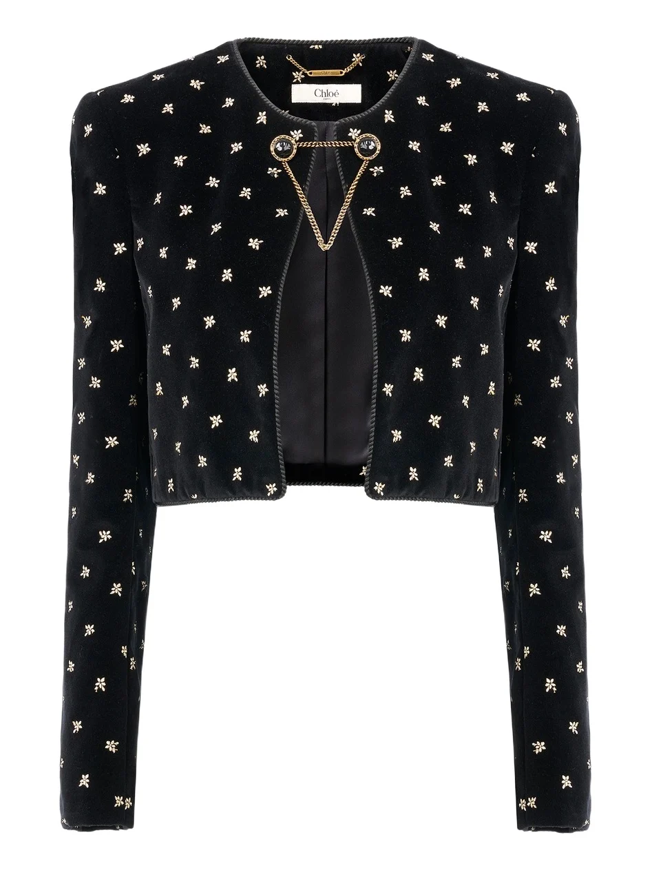 Collarless cropped jacket in velvet