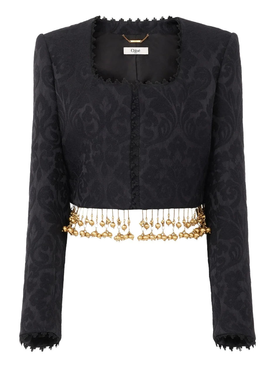 Collarless cropped jacket in wool jacquard