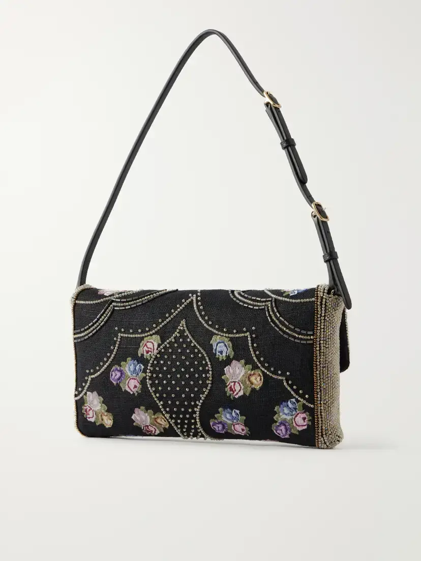 Valentino Garavani Devaine Embroidered Leather-trimmed Linen Shoulder Bag | Thumbnail 4 Valentino Garavani Devaine Embroidered Leather-trimmed Linen Shoulder Bag | Thumbnail 4