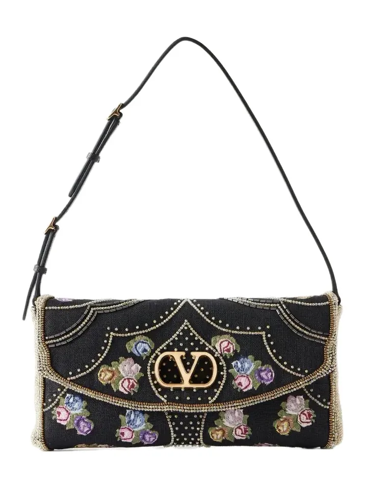 Valentino Garavani Devaine Embroidered Leather-trimmed Linen Shoulder Bag