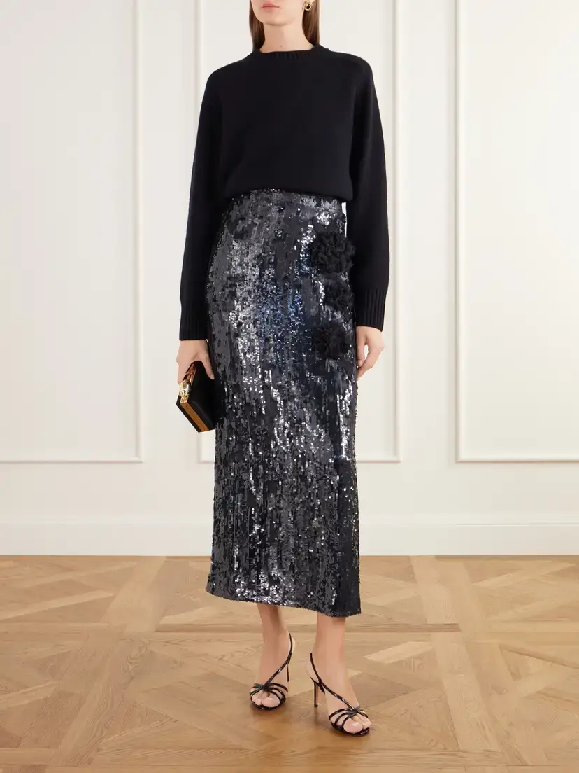Erdem Floral-appliqué Sequined Crepe De Chine Midi Skirt | Thumbnail 2