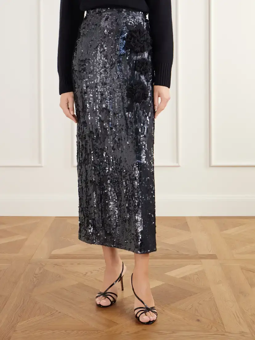 Erdem Floral-appliqué Sequined Crepe De Chine Midi Skirt | Thumbnail 3