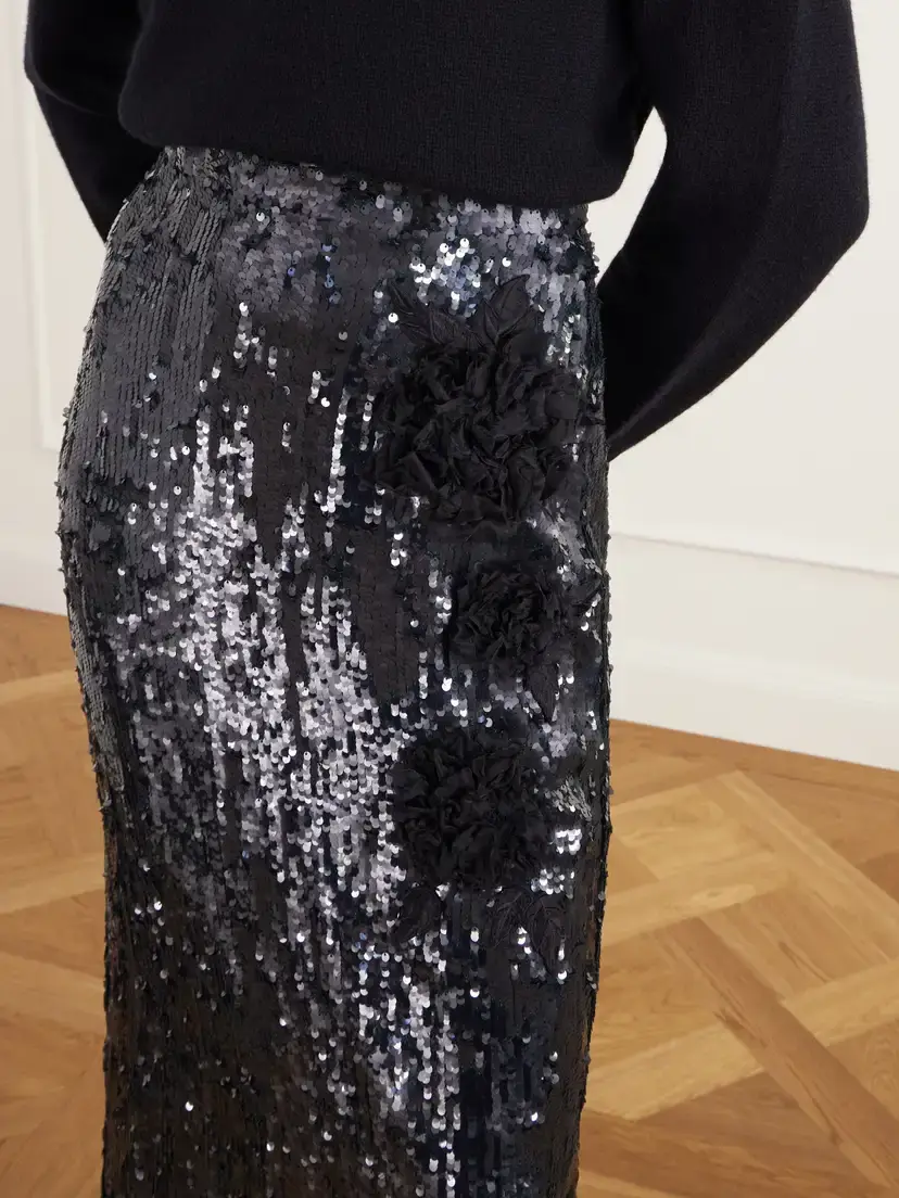 Erdem Floral-appliqué Sequined Crepe De Chine Midi Skirt | Thumbnail 5
