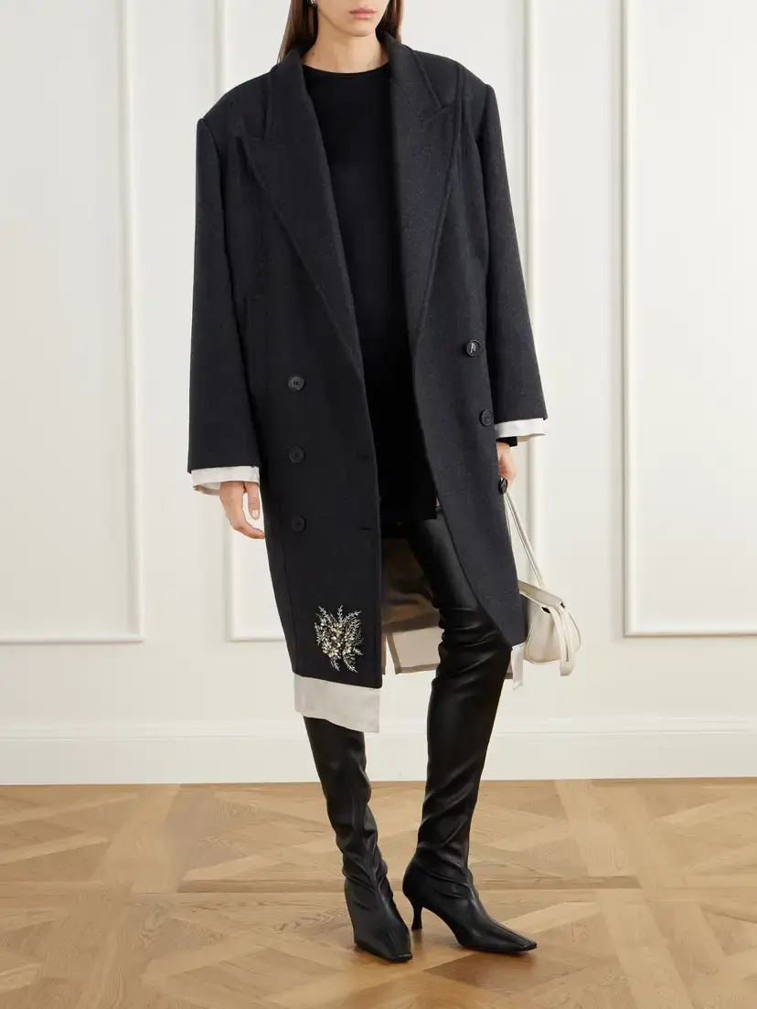 The Attico Double-breasted Crystal-embellished Satin-trimmed Wool-blend Twill Coat | Thumbnail 2