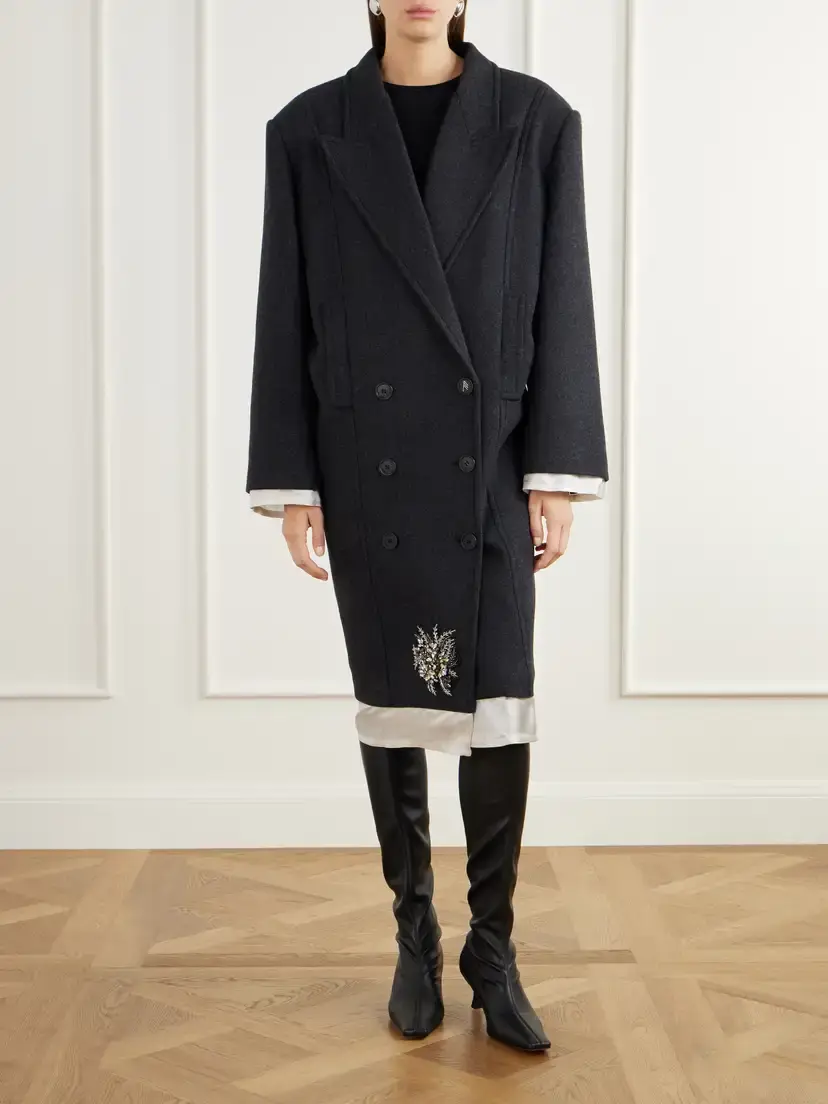 The Attico Double-breasted Crystal-embellished Satin-trimmed Wool-blend Twill Coat | Thumbnail 3