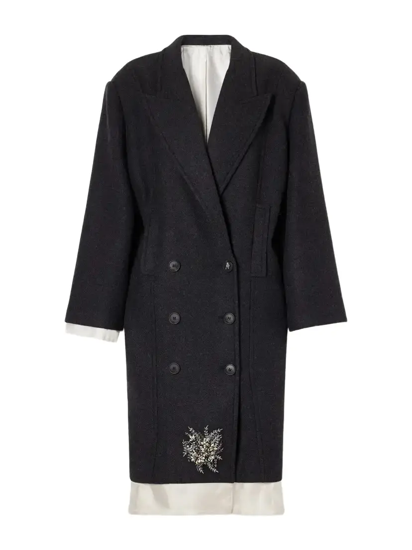 The Attico Double-breasted Crystal-embellished Satin-trimmed Wool-blend Twill Coat
