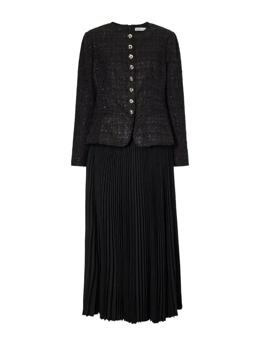 Claudina Layered Pleated Tweed And Organza Maxi Dress Claudina Layered Pleated Tweed And Organza Maxi Dress