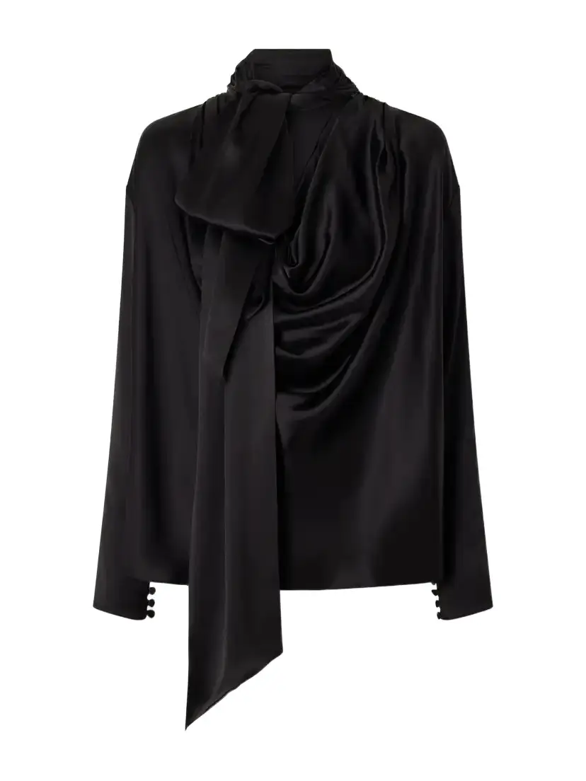 Balmain Scarf-detailed Gathered Silk-satin Blouse