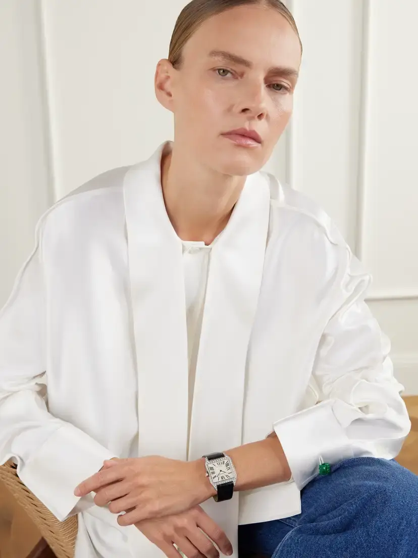 Stephanie Windsor + Cartier Vintage 2000 Santos Dumont Hand-wound 18-karat White Gold, Diamond And Leather Watch, Ref. Wh100351 (6.2" Wrist) | Thumbnail 2