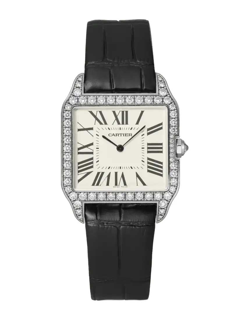 Stephanie Windsor + Cartier Vintage 2000 Santos Dumont Hand-wound 18-karat White Gold, Diamond And Leather Watch, Ref. Wh100351 (6.2" Wrist)