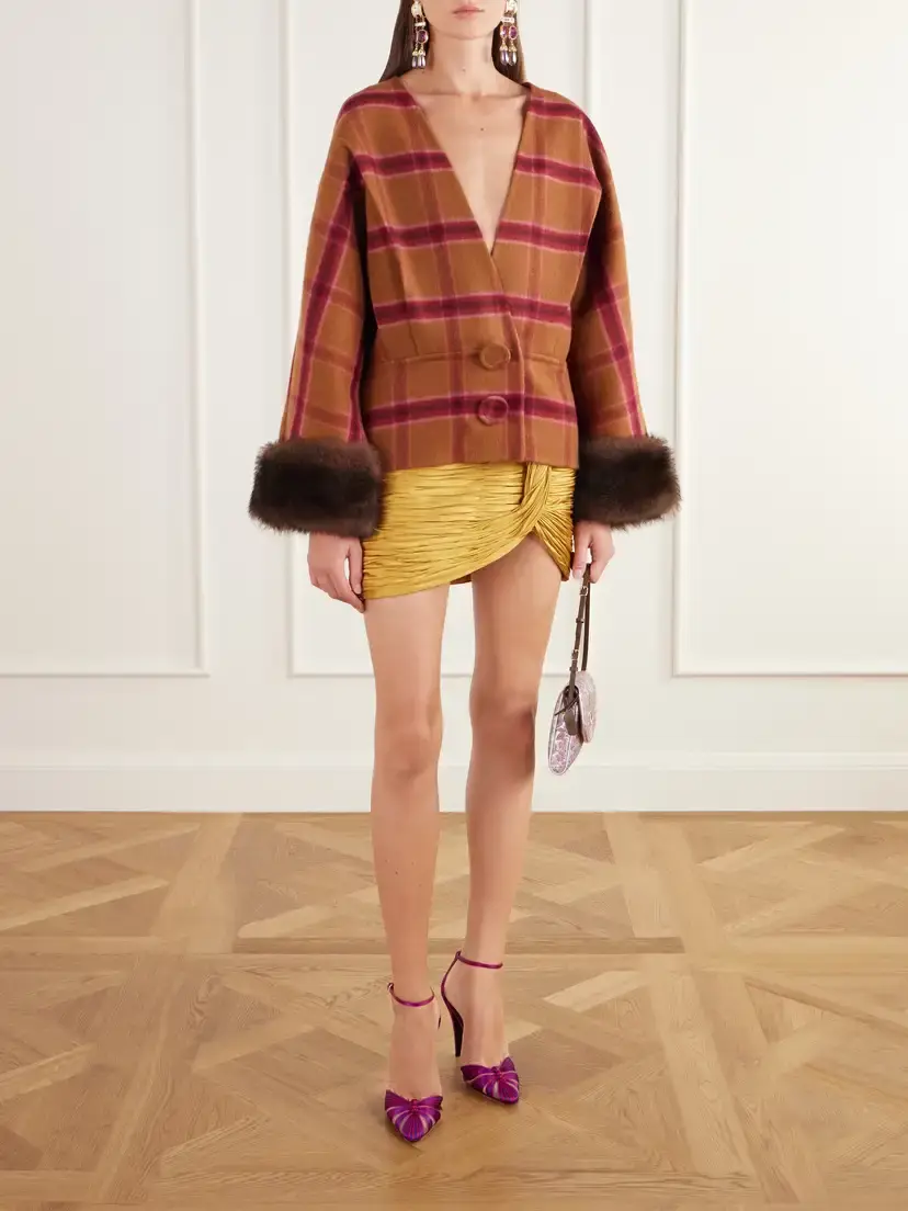 Valentino Garavani Checked Shearling-trimmed Virgin Wool-felt Jacket | Thumbnail 2 Valentino Garavani Checked Shearling-trimmed Virgin Wool-felt Jacket | Thumbnail 2
