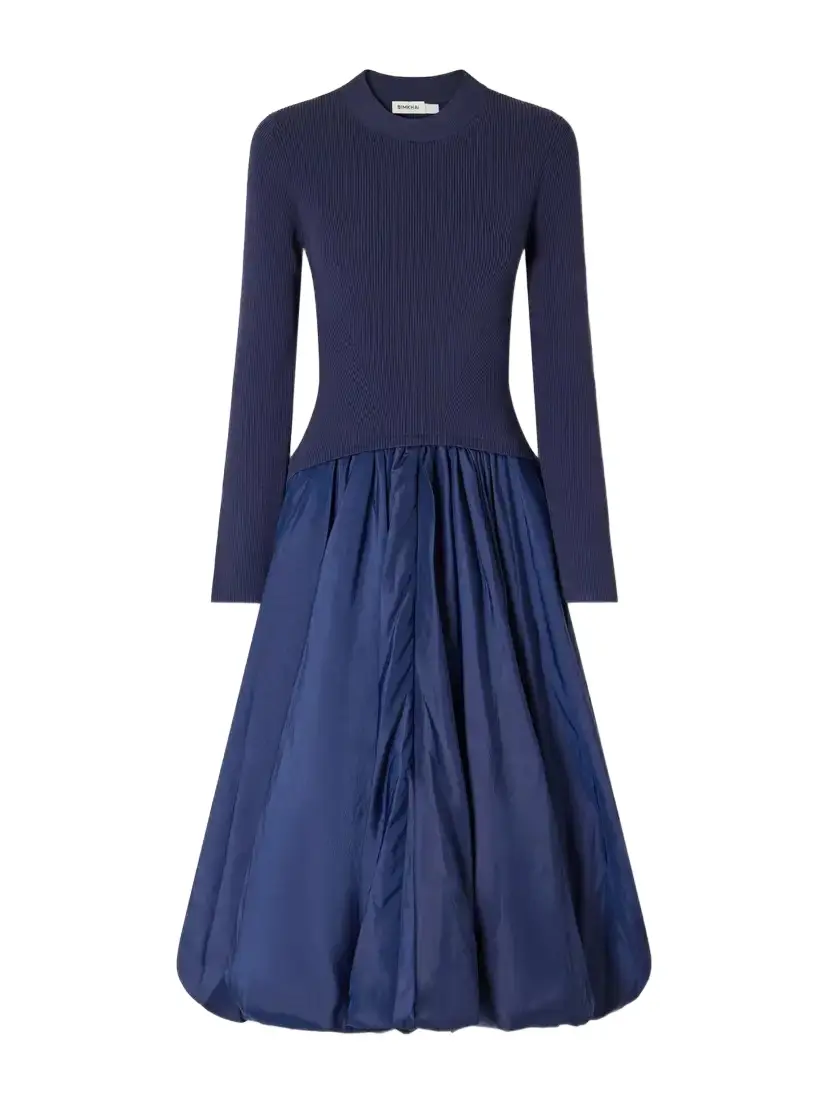 Kenlie Gathered Ribbed Jersey And Taffeta Midi Dress