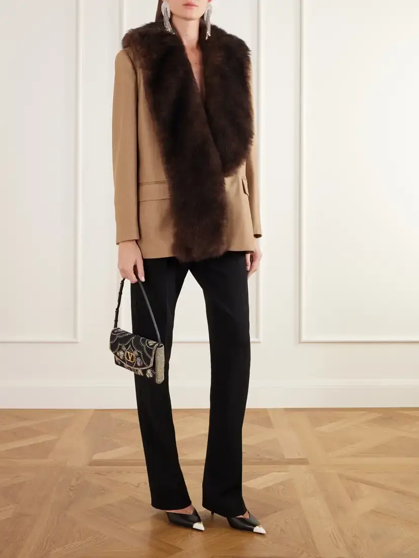 Valentino Garavani Shearling-trimmed Grain De Poudre Wool And Silk-blend Jacket - Brown | Thumbnail 2 Valentino Garavani Shearling-trimmed Grain De Poudre Wool And Silk-blend Jacket - Brown | Thumbnail 2