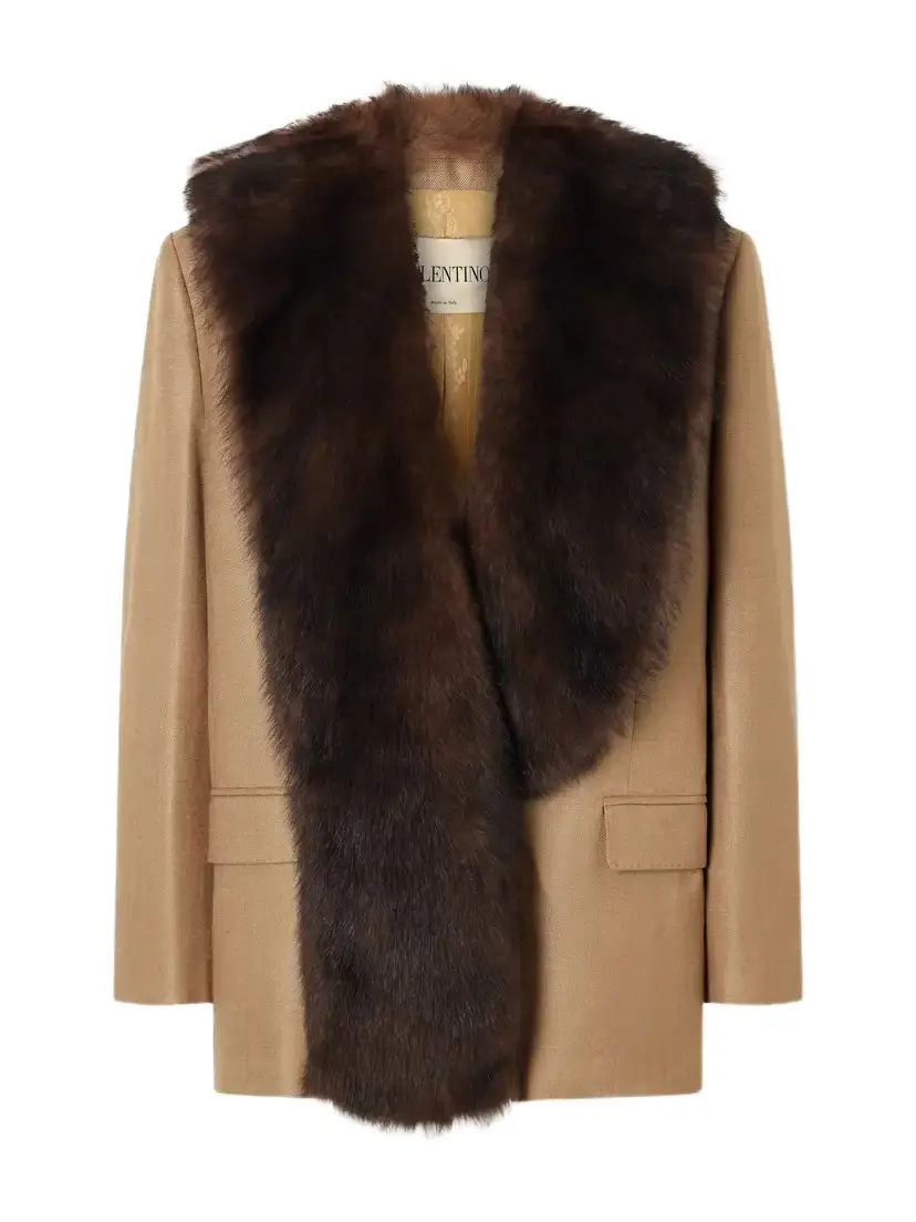 Valentino Garavani Shearling-trimmed Grain De Poudre Wool And Silk-blend Jacket - Brown