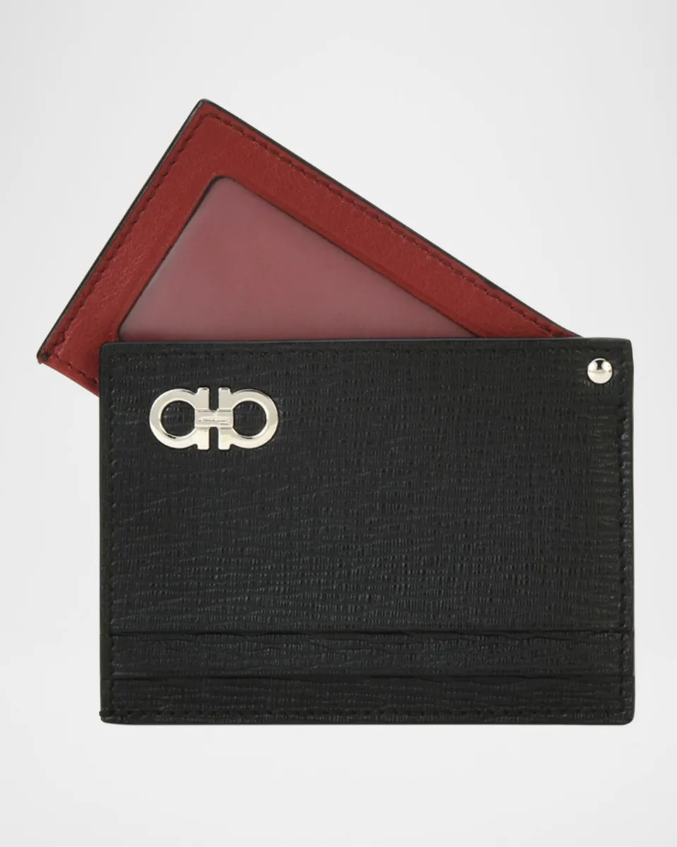 Ferragamo Men's Revival Gancini Leather Card Case with Flip-Out ID Window, Black/Red | Thumbnail 2 Ferragamo Men's Revival Gancini Leather Card Case with Flip-Out ID Window, Black/Red | Thumbnail 2