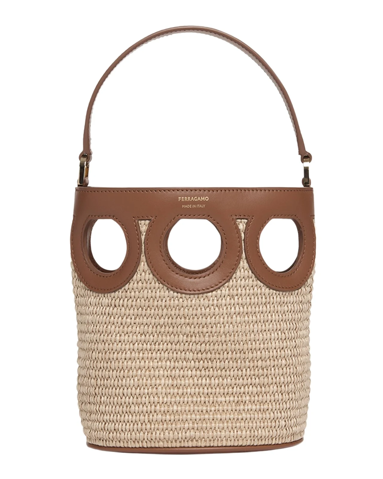 Ferragamo Gancini Frame Raffia Bucket Bag