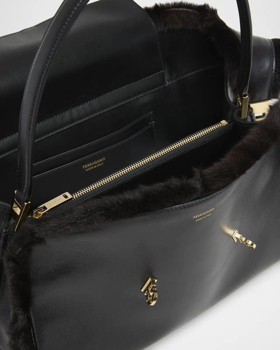 Ferragamo Hug Leather & Shearling Shoulder Bag | Thumbnail 4