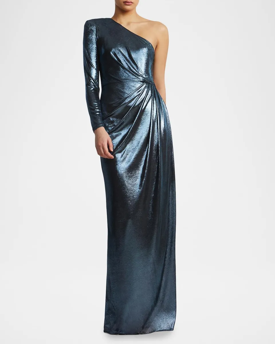 BCBGMAXAZRIA One-Shoulder Gathered Metallic Jersey Gown | Thumbnail 2