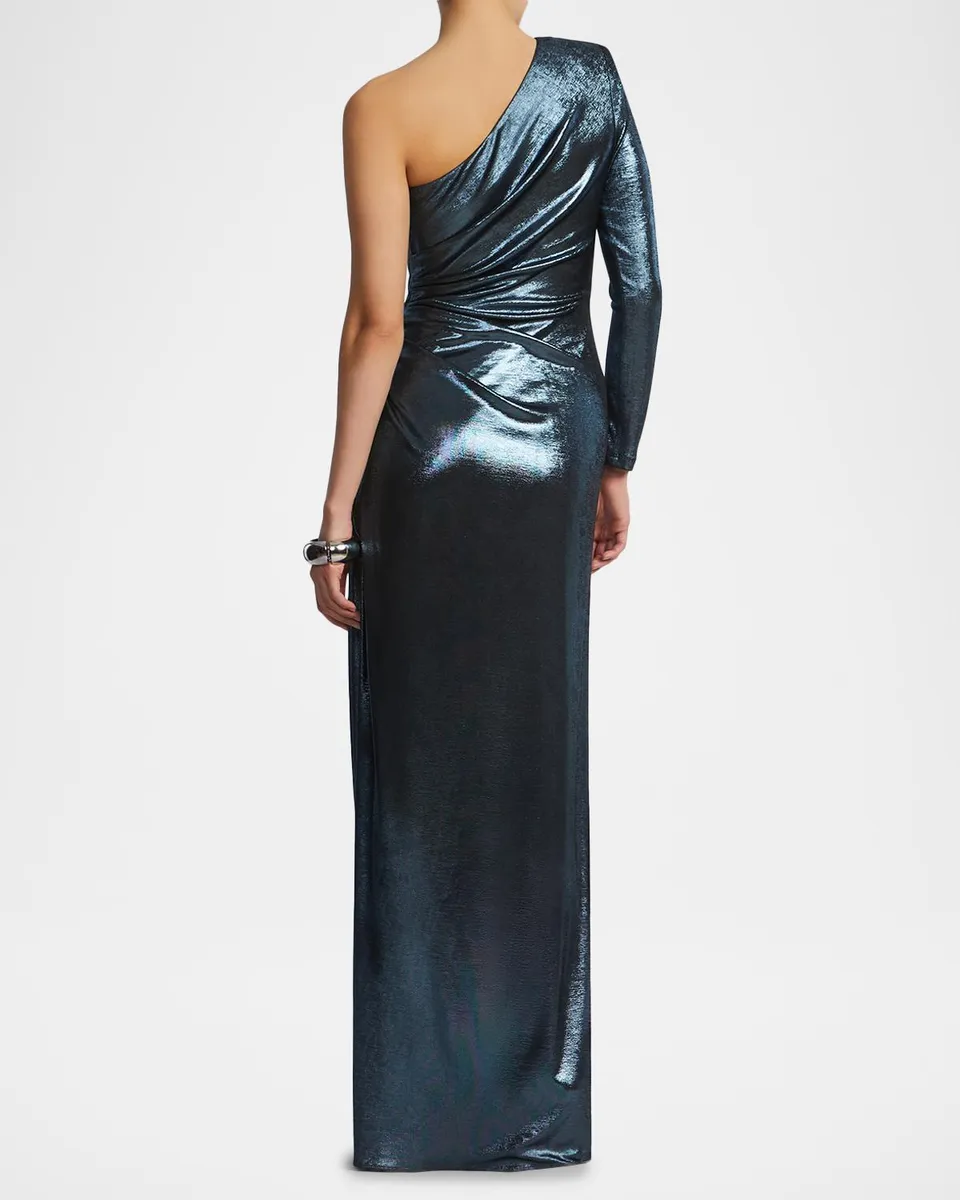 BCBGMAXAZRIA One-Shoulder Gathered Metallic Jersey Gown | Thumbnail 3