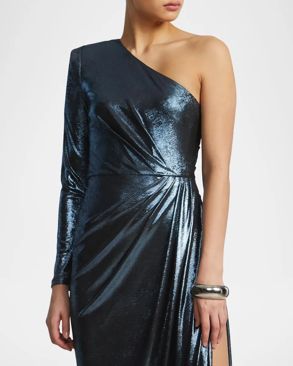 BCBGMAXAZRIA One-Shoulder Gathered Metallic Jersey Gown | Thumbnail 4