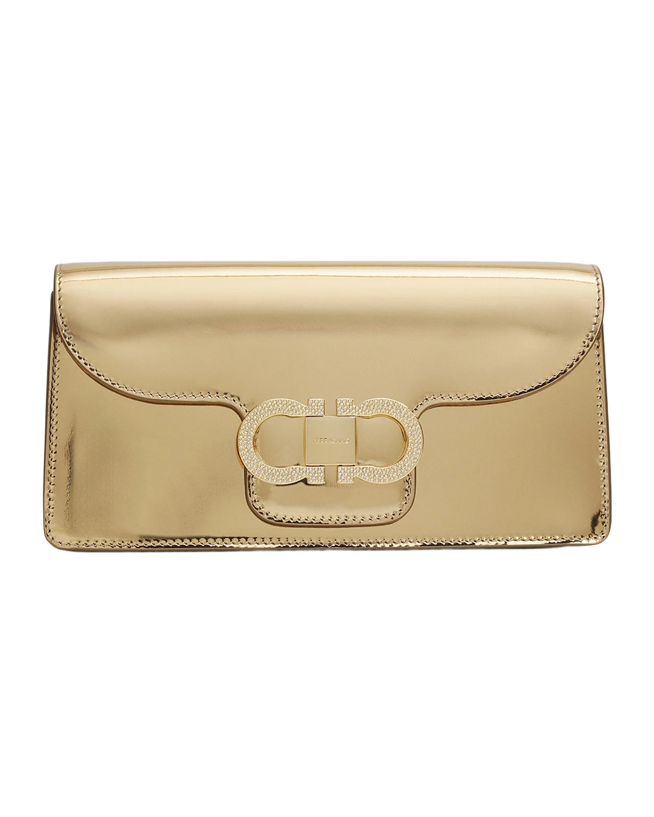Ferragamo Laminated Leather Rhinestone Gancini Clutch Bag