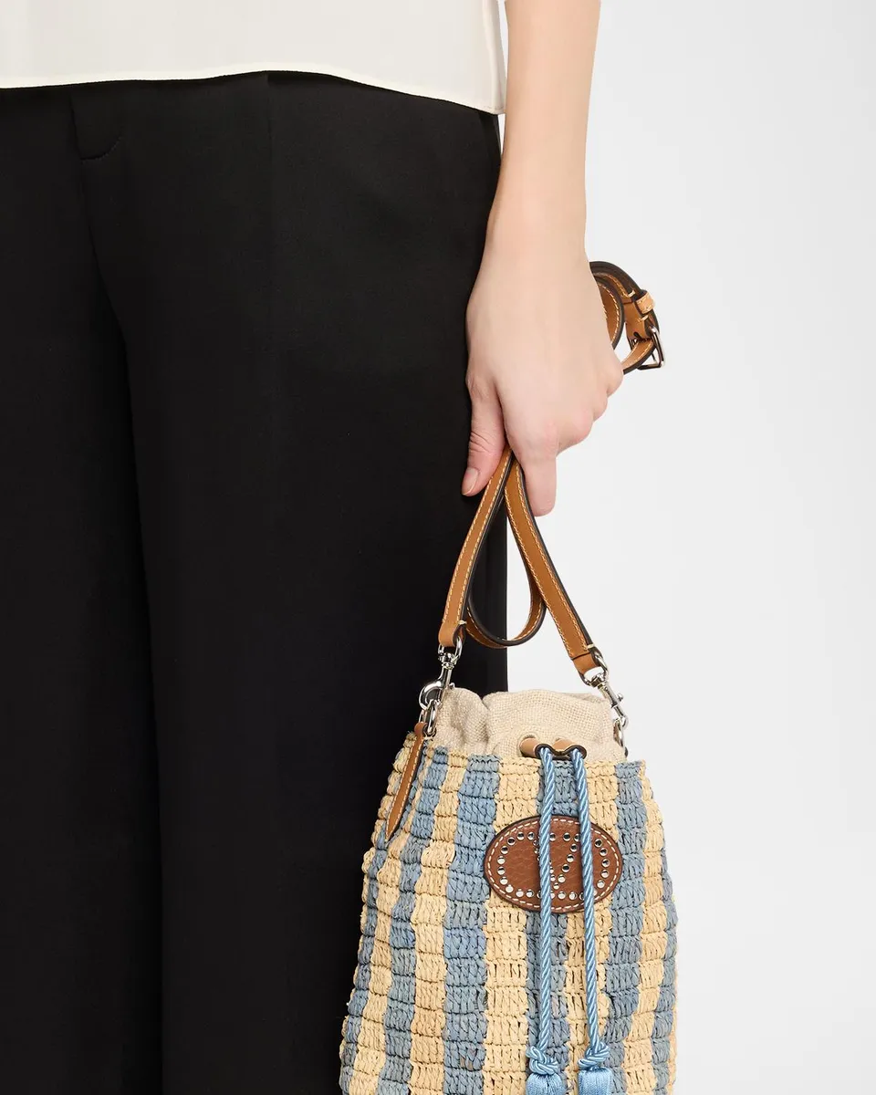 Valentino Garavani Small Striped Viscose Raffia Bucket Bag | Thumbnail 2