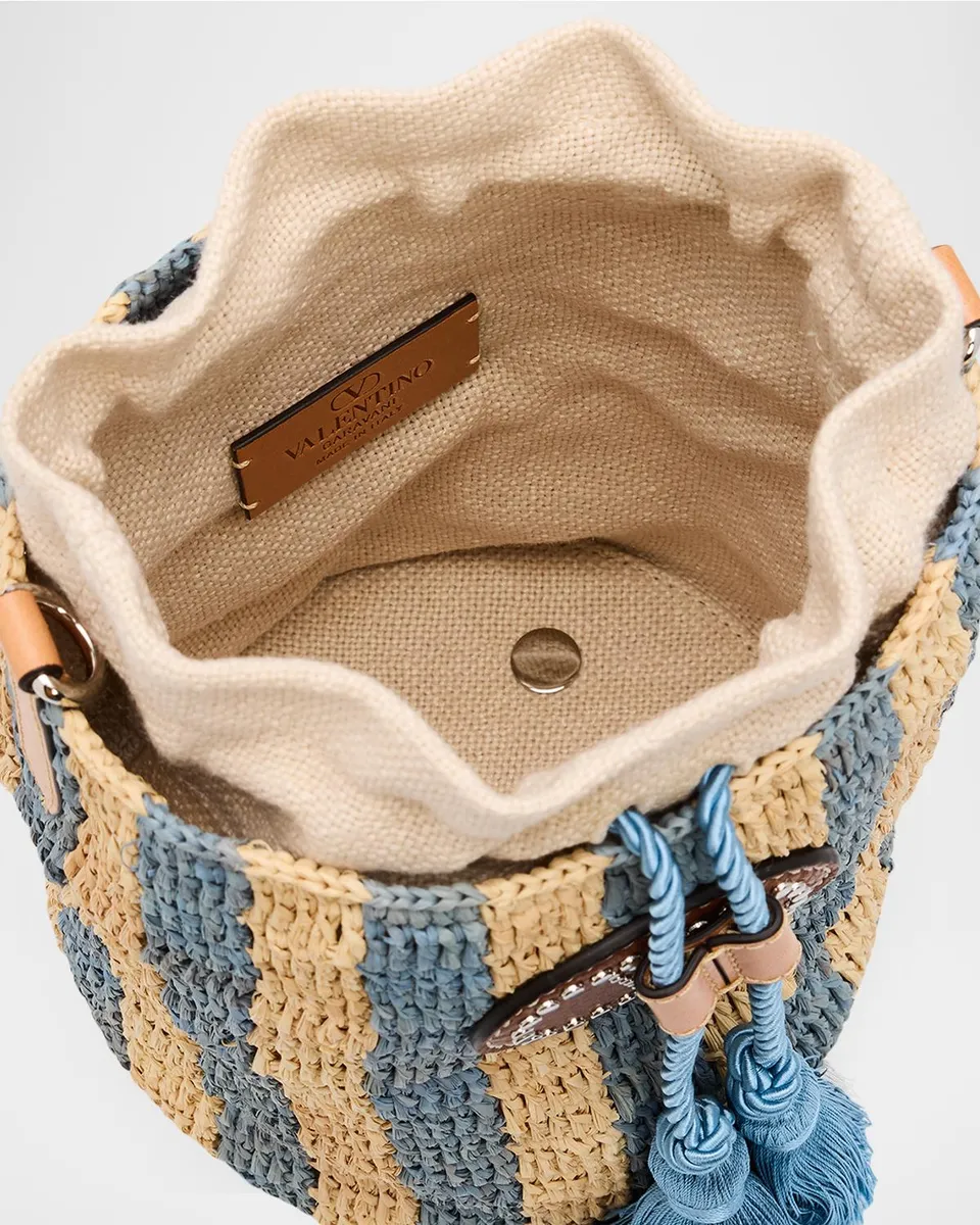Valentino Garavani Small Striped Viscose Raffia Bucket Bag | Thumbnail 4
