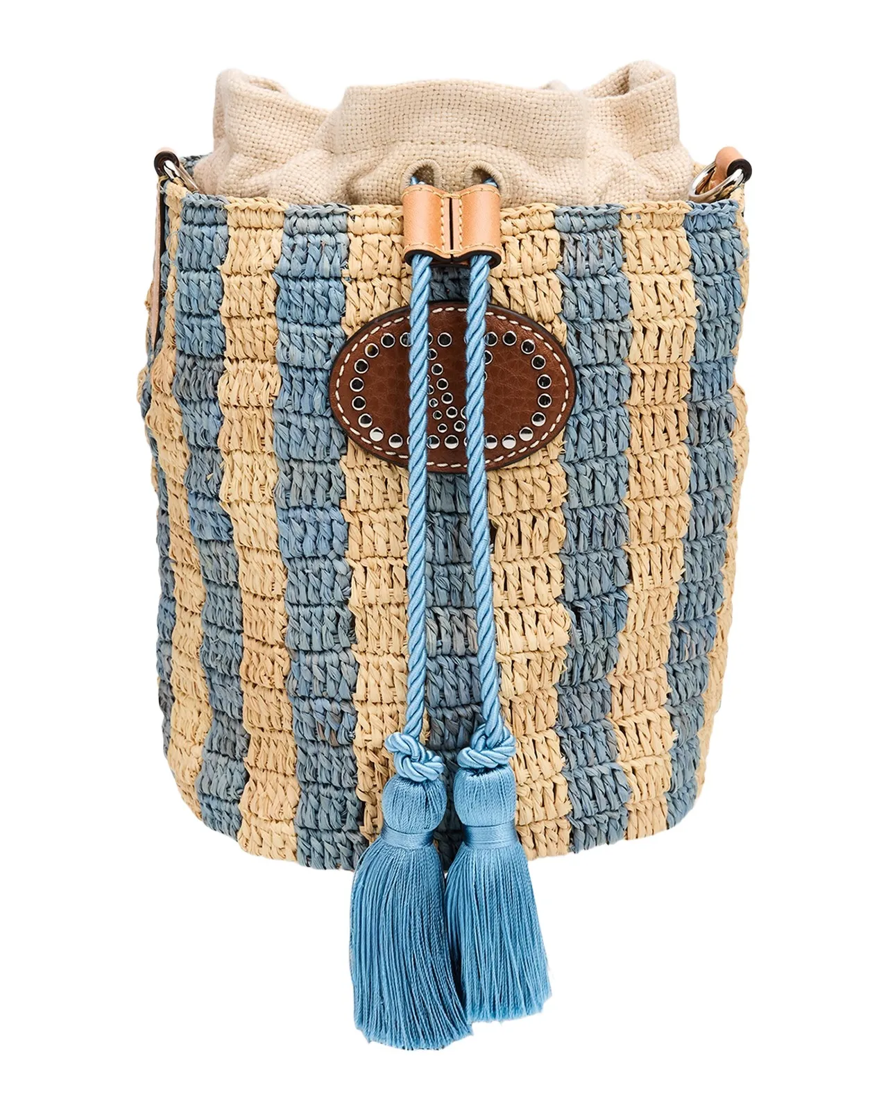 Valentino Garavani Small Striped Viscose Raffia Bucket Bag