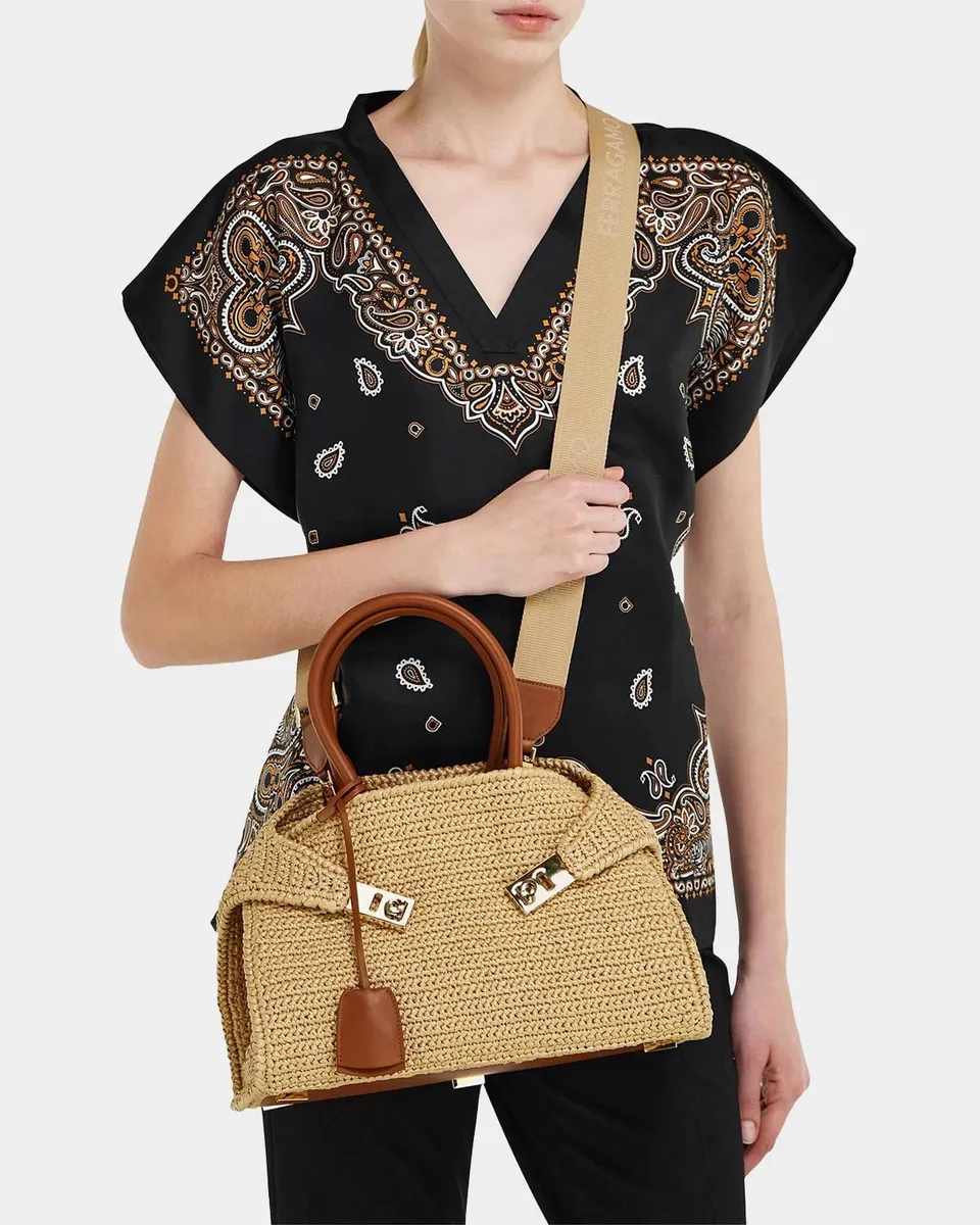 Ferragamo Hug Medium Gancini Raffia Top Handle Bag | Thumbnail 2