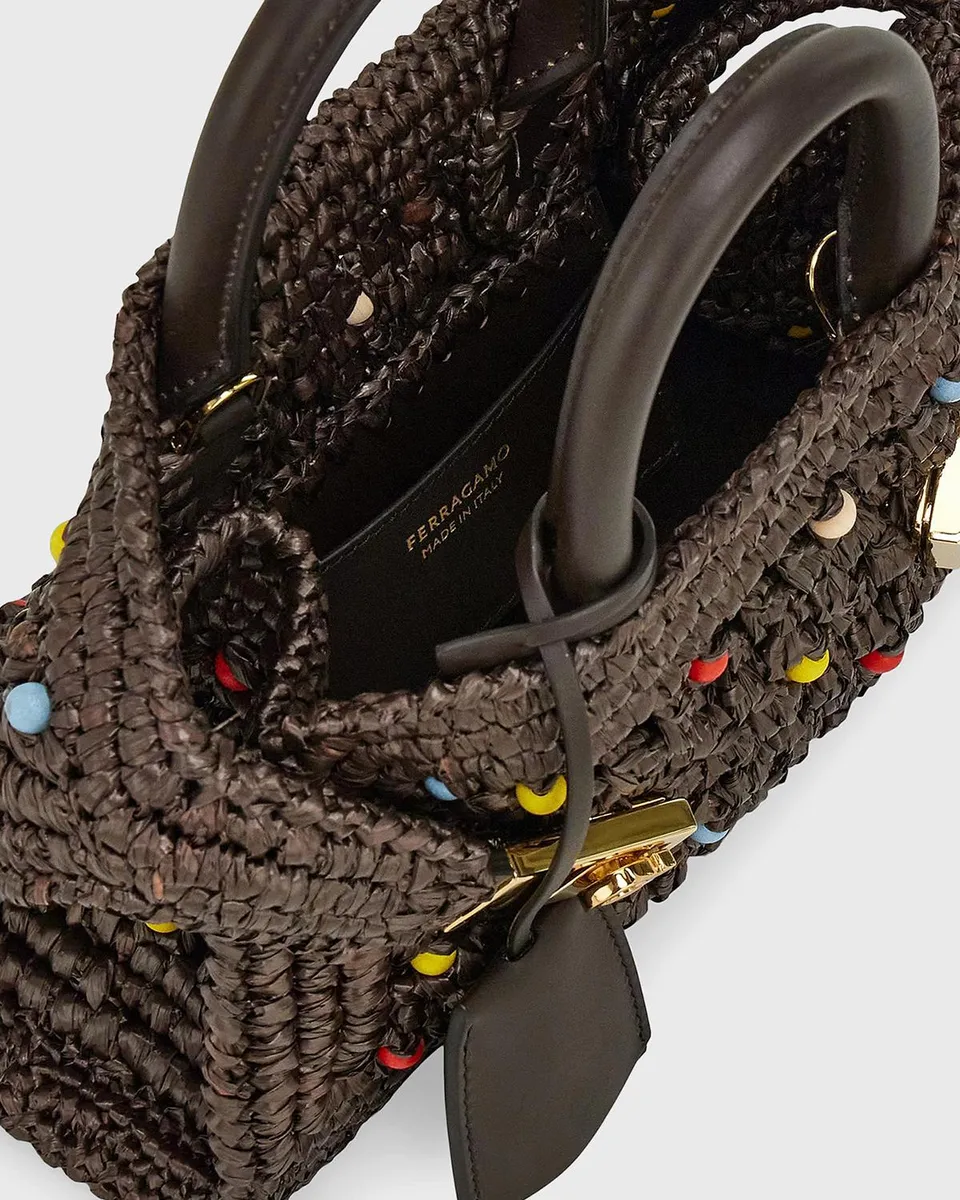 Ferragamo Hug Beaded Raffia Top-Handle Bag | Thumbnail 3
