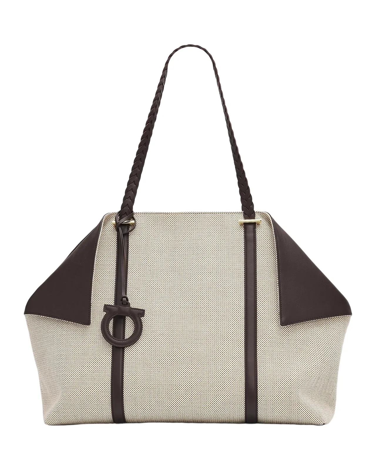 Ferragamo Scarf Braided Leather-Trim Canvas Tote Bag