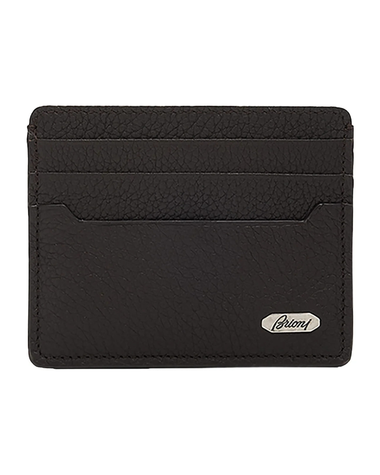 Brioni Men's Hammered Metal Plaque Card Holder in Grained Leather