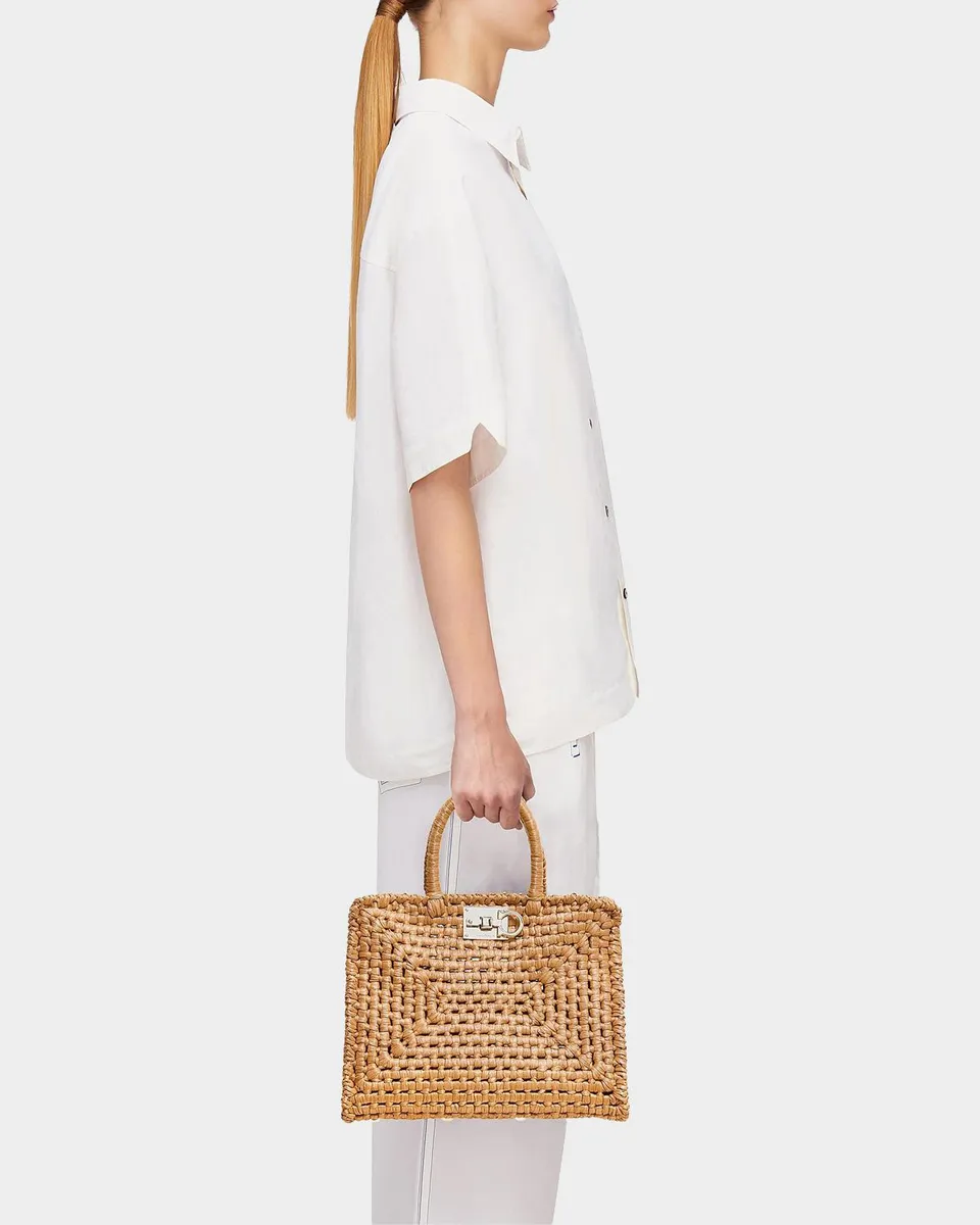 Ferragamo Studio Box Open-Weave Raffia Tote Bag | Thumbnail 2