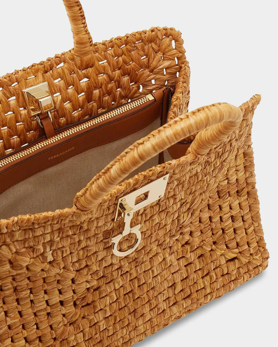 Ferragamo Studio Box Open-Weave Raffia Tote Bag | Thumbnail 4