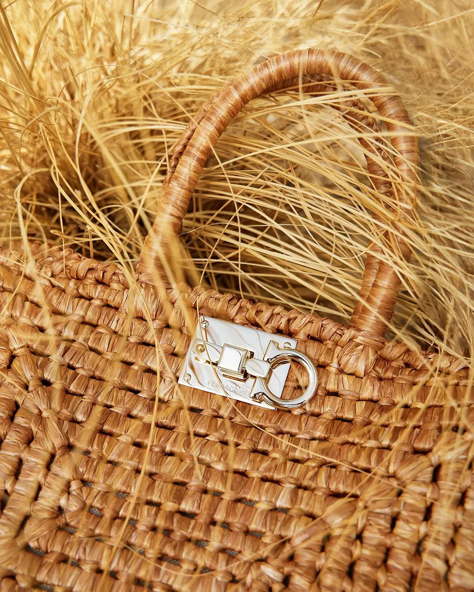 Ferragamo Studio Box Open-Weave Raffia Tote Bag | Thumbnail 5