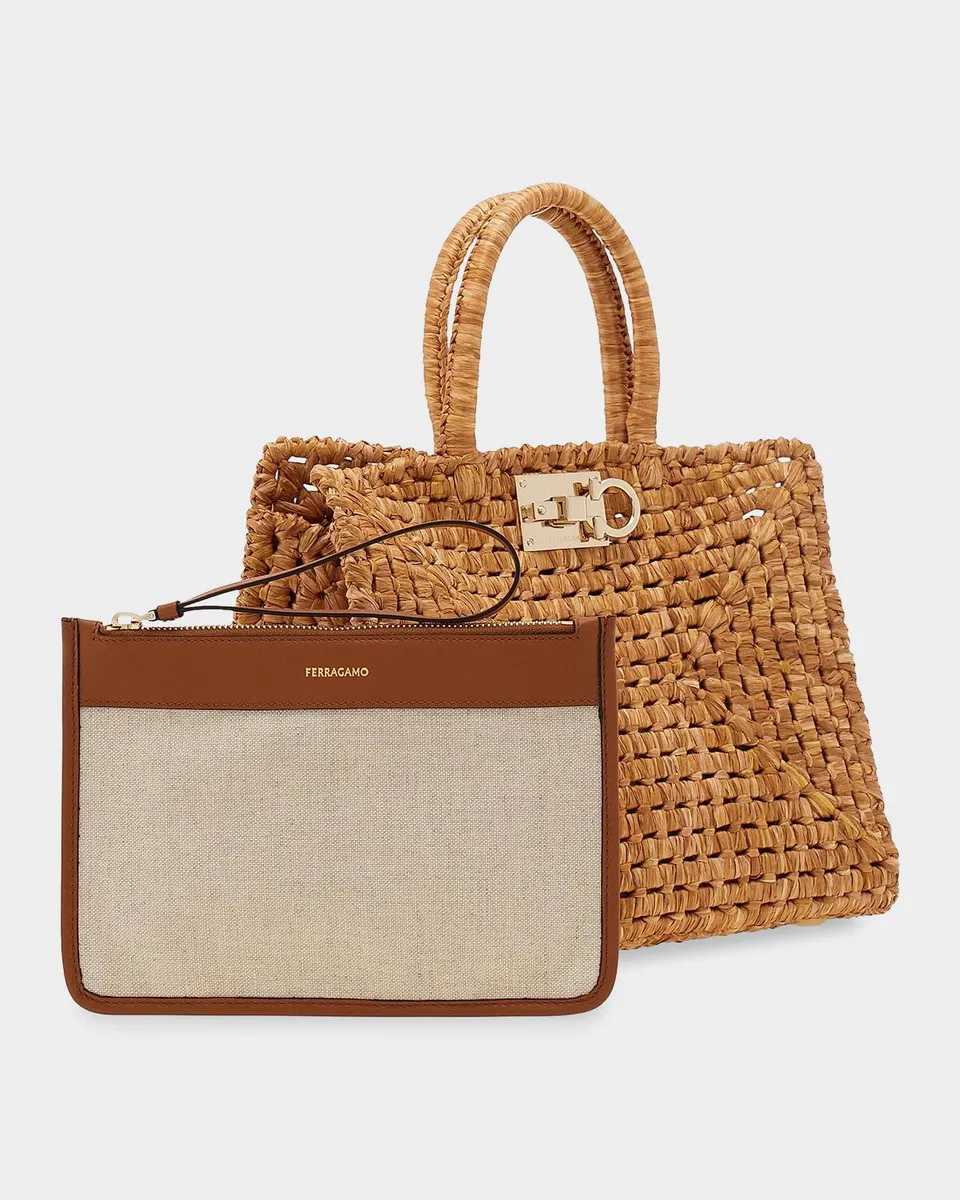 Ferragamo Studio Box Open-Weave Raffia Tote Bag | Thumbnail 6