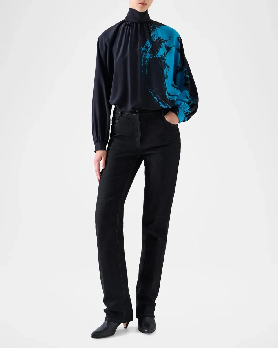 Akris punto Brushstroke-Print Silk Crepe Long-Sleeve Blouse | Thumbnail 2