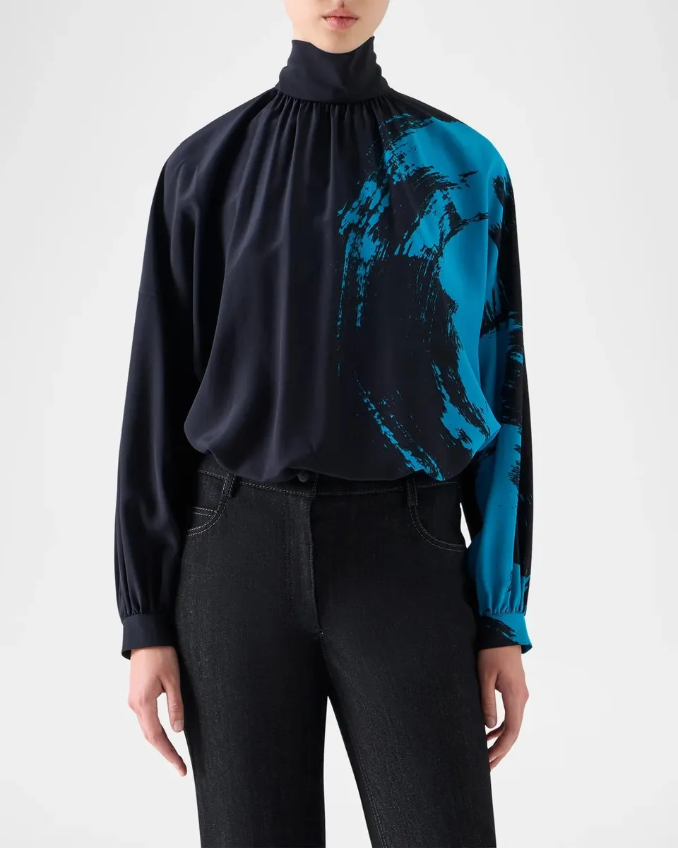 Akris punto Brushstroke-Print Silk Crepe Long-Sleeve Blouse | Thumbnail 4