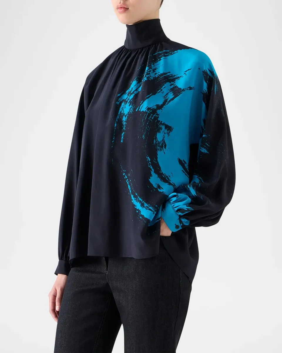 Akris punto Brushstroke-Print Silk Crepe Long-Sleeve Blouse | Thumbnail 6