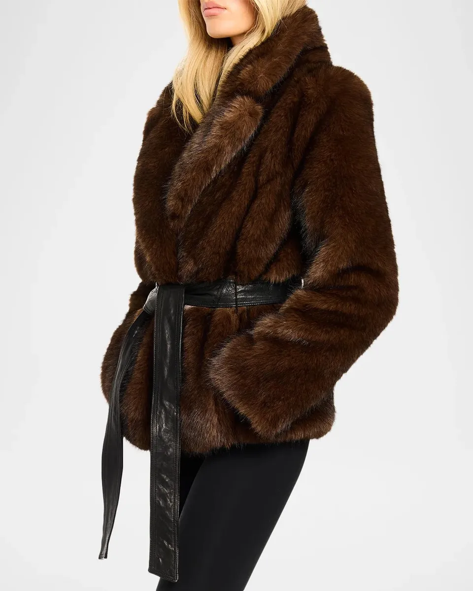 Sam. Kenzie Faux Fur Jacket with Leather Belt | Thumbnail 4