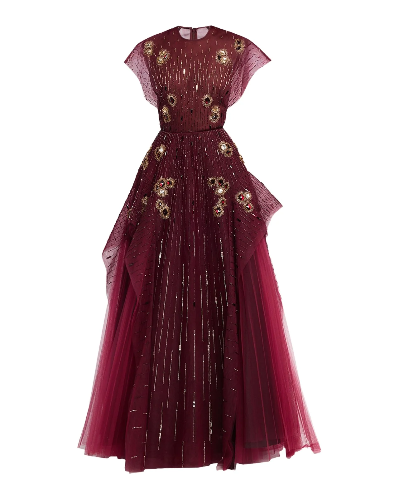 Chakra Embellished Layered Tulle Cap-Sleeve Gown