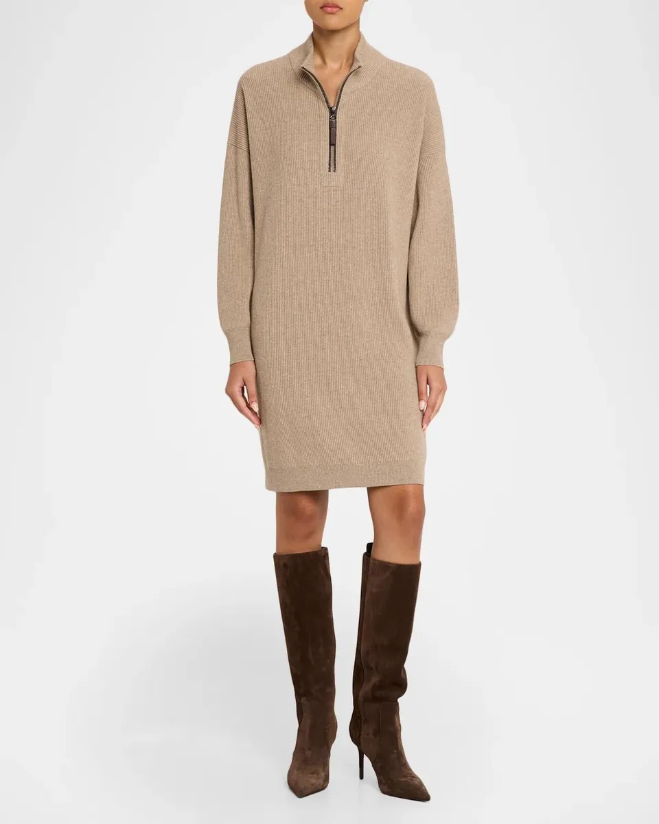 Brunello Cucinelli Wool-Cashmere Knit Monili Half-Zip Dress | Thumbnail 2 Brunello Cucinelli Wool-Cashmere Knit Monili Half-Zip Dress | Thumbnail 2