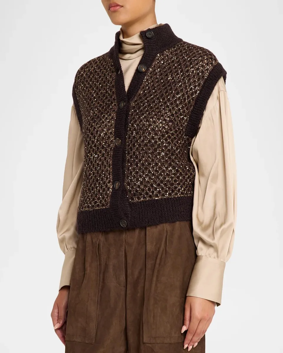 Brunello Cucinelli Flicker Mesh Mohair Diamante Knit Button-Front Vest | Thumbnail 4 Brunello Cucinelli Flicker Mesh Mohair Diamante Knit Button-Front Vest | Thumbnail 4