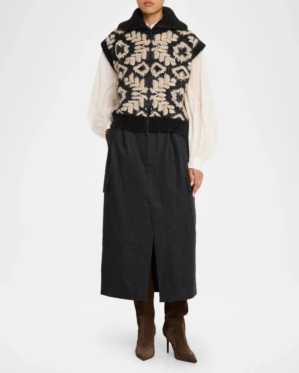 Brunello Cucinelli Alpine Embroidered Mohair Diamante Knit Zip Vest | Thumbnail 2