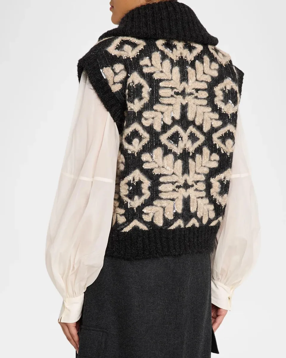Brunello Cucinelli Alpine Embroidered Mohair Diamante Knit Zip Vest | Thumbnail 3