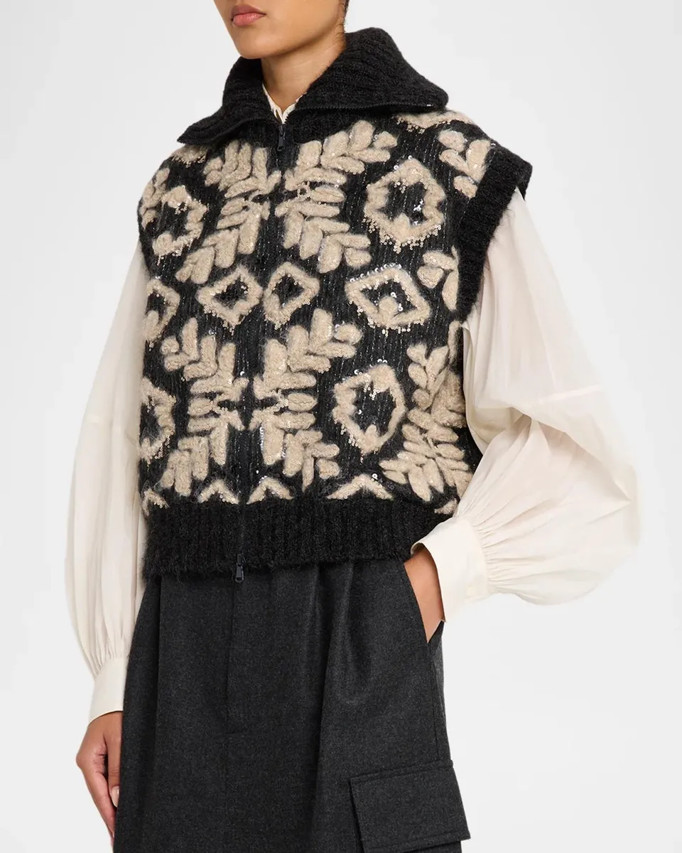 Brunello Cucinelli Alpine Embroidered Mohair Diamante Knit Zip Vest | Thumbnail 4