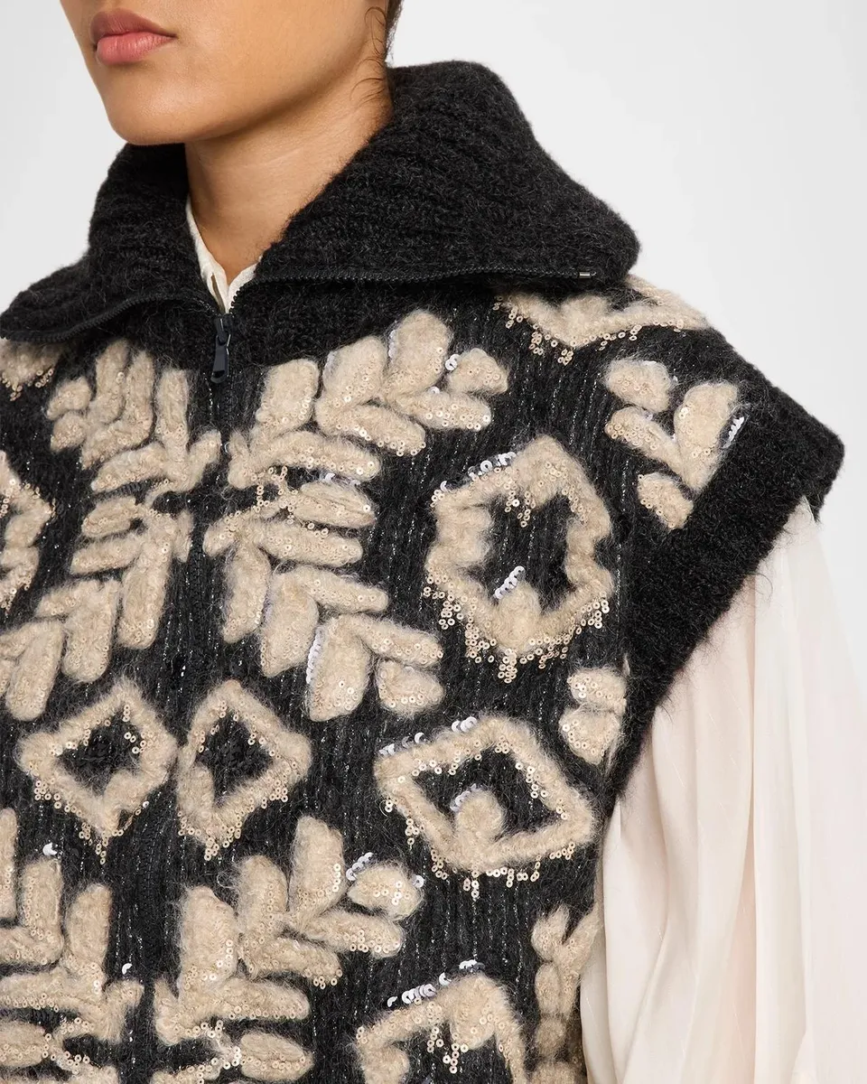 Brunello Cucinelli Alpine Embroidered Mohair Diamante Knit Zip Vest | Thumbnail 5