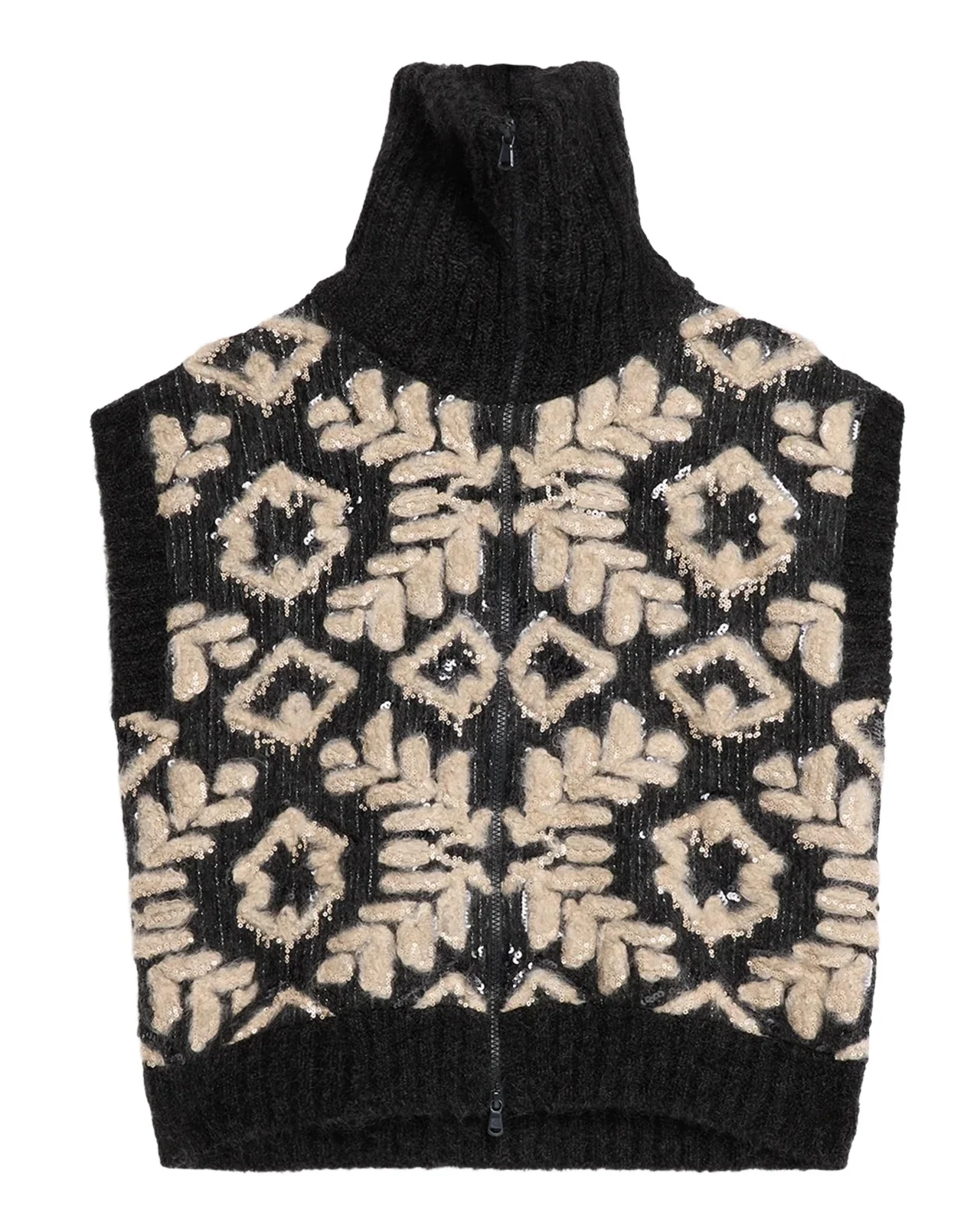 Brunello Cucinelli Alpine Embroidered Mohair Diamante Knit Zip Vest