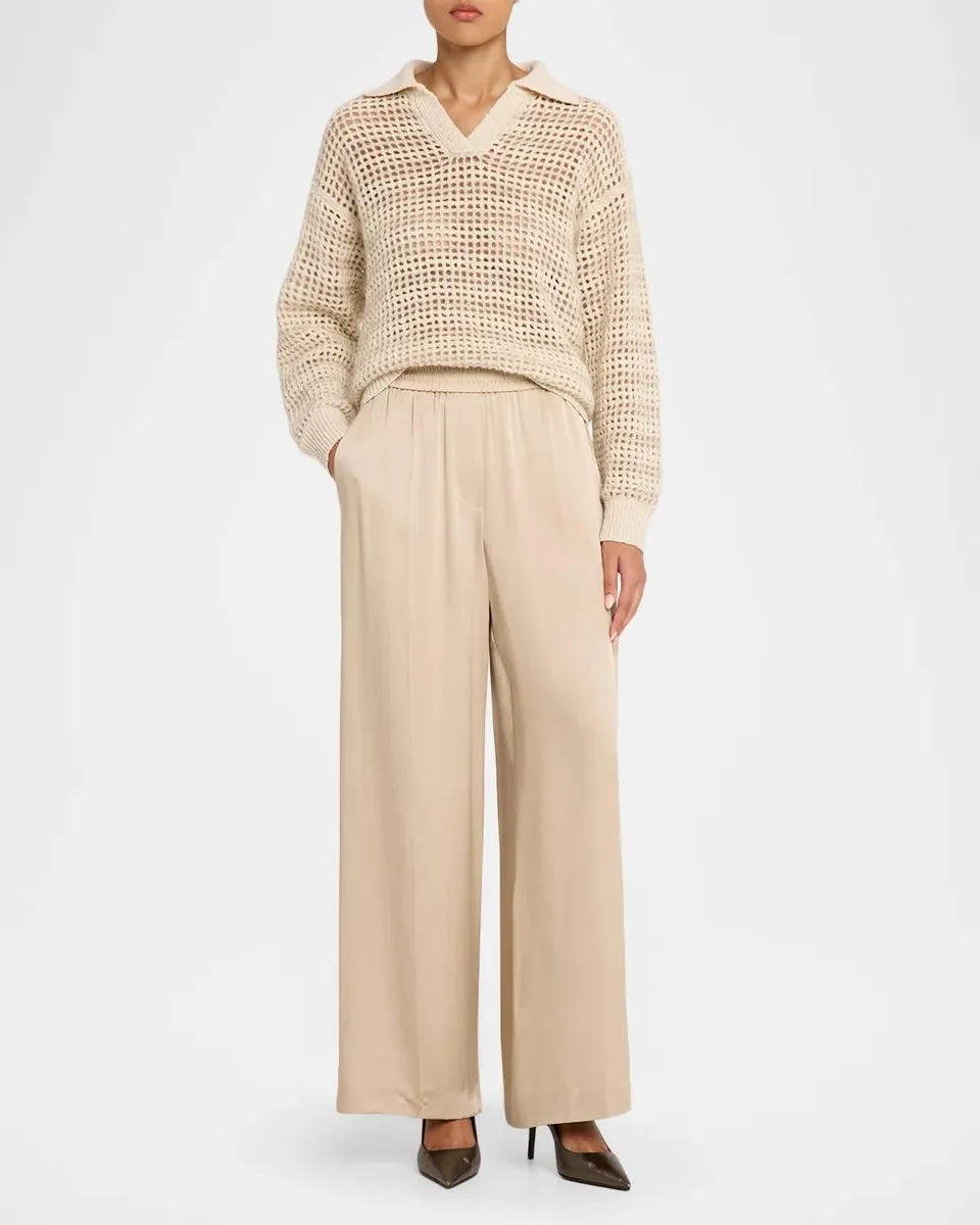 Brunello Cucinelli Wool-Mohair Diamante Striped Net Knit Collared Sweater | Thumbnail 2
