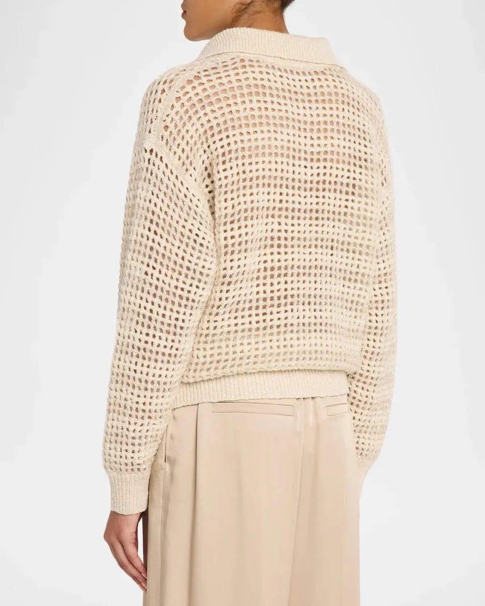 Brunello Cucinelli Wool-Mohair Diamante Striped Net Knit Collared Sweater | Thumbnail 3